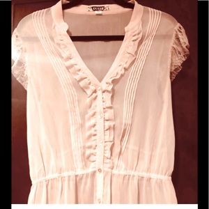 Guess women’s Sheer nude  top button down shirt blouse lace sheer cream blush L